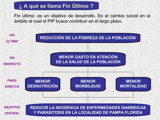 ¿ A qué se llama Fin Último ?
Fin último: es un objetivo de desarrollo. Es el cambio social en el
ámbito al cual el PIP busca contribuir en el largo plazo.
FIN
ÚLTIMO

FIN
INDIRECTO

FINES
DIRECTO

OBJETIVO
CENTRAL

REDUCCIÓN DE LA POBREZA DE LA POBLACIÓN

MENOR GASTO EN ATENCIÓN
DE LA SALUD DE LA POBLACIÓN

MENOR
DESNUTRICIÓN

MENOR
MORBILIDAD

MENOR
MORTALIDAD

REDUCIR LA INCIDENCIA DE ENFERMEDADES DIARREICAS
Y PARASITOSIS EN LA LOCALIDAD DE PAMPA FLORIDA

 