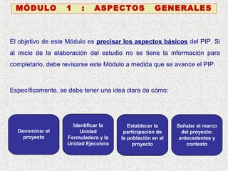 MÓDULO

1

:

ASPECTOS

GENERALES

El objetivo de este Módulo es precisar los aspectos básicos del PIP. Si
al inicio de la elaboración del estudio no se tiene la información para
completarlo, debe revisarse este Módulo a medida que se avance el PIP.

Específicamente, se debe tener una idea clara de cómo:

Denominar el
proyecto

Identificar la
Unidad
Formuladora y la
Unidad Ejecutora

Establecer la
participación de
la población en el
proyecto

Señalar el marco
del proyecto:
antecedentes y
contexto

 