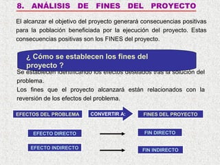 8.

ANÁLISIS

DE

FINES

DEL PROYECTO

El alcanzar el objetivo del proyecto generará consecuencias positivas
para la población beneficiada por la ejecución del proyecto. Estas
consecuencias positivas son los FINES del proyecto.

¿ Cómo se establecen los fines del
proyecto ?

Se establecen identificando los efectos deseados tras la solución del
problema.
Los fines que el proyecto alcanzará están relacionados con la
reversión de los efectos del problema.
EFECTOS DEL PROBLEMA

CONVERTIR A:

FINES DEL PROYECTO

EFECTO DIRECTO

FIN DIRECTO

EFECTO INDIRECTO

FIN INDIRECTO

 