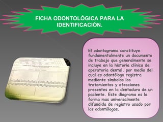 FICHA ODONTOLÓGICA PARA LA IDENTIFICACIÓN. El odontograma constituye fundamentalmente un documento de trabajo que generalmente se incluye en la historia clínica de operatoria dental, por medio del cual es odontólogo registra mediante símbolos los tratamientos y afecciones presentes en la dentadura de un paciente. Este diagrama es la forma mas universalmente difundida de registro usado por los odontólogos. 