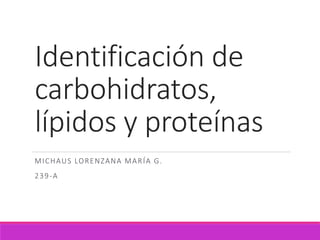 Identificación de
carbohidratos,
lípidos y proteínas
MICHAUS LORENZANA MARÍA G.
239-A
 