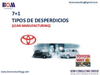 www.bomconsultingg.com
bomconsulting@gmail.com
7+1
TIPOS DE DESPERDICIOS
(LEAN MANUFACTURING)
 