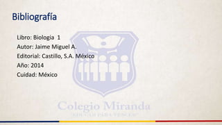 Bibliografía
Libro: Biologia 1
Autor: Jaime Miguel A.
Editorial: Castillo, S.A. México
Año: 2014
Cuidad: México
 