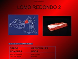 LOMO REDONDO 2 LOMO REDONDO 2 Clasificación del corte:  CUARTO TRASERO OTROS NOMBRES  PRINCIPALES USOS  Solomo redondo  Lomo de aguja Asar - Freir Plancha 