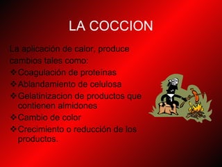 LA COCCION La aplicación de calor, produce cambios tales como: Coagulación de proteínas Ablandamiento de celulosa Gelatinizacion de productos que contienen almidones Cambio de color Crecimiento o reducción de los productos. 