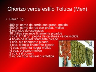 Chorizo verde estilo Toluca (Mex)   Para 1 Kg.: 400 gr. carne de cerdo con grasa, molida  400 gr. carne de res con grasa, molida  2 manojos de espinacas  10 chiles serranos finamente picados  5 cda. O 50 gr.  pepita de calabaza verde molida 4 hojas de laurel finamente picado 1 cda. ajo finamente picado 1 cda. cebolla finamente picada ½ cda. pimienta negra molida  ½ cda. orégano molido 2 cda. sal común  2 mt. de tripa natural o sintética 