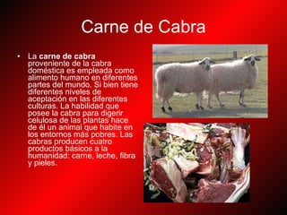 Carne de Cabra La  carne de cabra  proveniente de la cabra doméstica es empleada como alimento humano en diferentes partes del mundo. Si bien tiene diferentes niveles de aceptación en las diferentes culturas. La habilidad que posee la cabra para digerir celulosa de las plantas hace de él un animal que habite en los entornos más pobres. Las cabras producen cuatro productos básicos a la humanidad: carne, leche, fibra y pieles. 