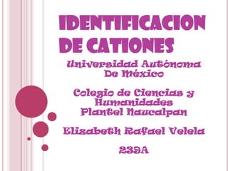 IDENTIFICACION
DE CATIONES
Universidad Autónoma
      De México

 Colegio de Ciencias y
     Humanidades
  Plantel Naucalpan

Elizabeth Rafael Velela

         239A
 