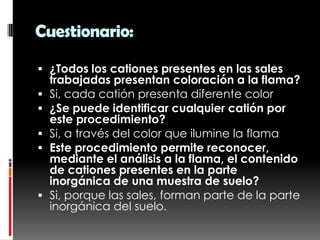 Cuestionario:

 ¿Todos los cationes presentes en las sales
    trabajadas presentan coloración a la flama?
   Si, cada catión presenta diferente color
   ¿Se puede identificar cualquier catión por
    este procedimiento?
   Si, a través del color que ilumine la flama
   Este procedimiento permite reconocer,
    mediante el análisis a la flama, el contenido
    de cationes presentes en la parte
    inorgánica de una muestra de suelo?
   Si, porque las sales, forman parte de la parte
    inorgánica del suelo.
 