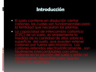 Introducción

 El suelo contiene en disolución ciertos
  cationes, los cuales son fundamentales para
  la fertilidad que necesitan las plantas.
 La capacidad de intercambio cationico
  (CEC) de un suelo, es simplemente la
  medida de la cantidad de sitios sobre la
  superficie del suelo, que pueden retener
  cationes por fuerza electrostática. Los
  cationes retenidos electrostáticamente , son
  fácilmente intercambiables con otros
  cationes en la solución del suelo y están así
  rápidamente disponibles para que los
  tomen los vegetales.
 