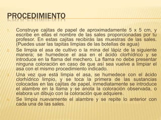 PROCEDIMIENTO
1. Construye cajitas de papel de aproximadamente 5 x 5 cm, y
escribe en ellas el nombre de las sales proporcionadas por tu
profesor. En estas cajitas recibirás las muestras de las sales.
(Puedes usar las tapitas limpias de las botellas de agua)
2. Se limpia el asa de cultivo o la mina del lápiz de la siguiente
manera; se humedece el asa en el ácido clorhídrico y se
introduce en la flama del mechero. La flama no debe presentar
ninguna coloración en caso de que así sea vuelve a limpiar el
asa con el mismo procedimiento indicado.
3. Una vez que está limpia el asa, se humedece con el ácido
clorhídrico limpio, y se toca la primera de las sustancias
colocadas en las cajitas de papel, inmediatamente se introduce
el alambre en la llama y se anota la coloración observada, o
elabora un dibujo con la coloración que adquiere.
4. Se limpia nuevamente el alambre y se repite lo anterior con
cada una de las sales.
 