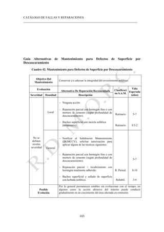 CATÁLOGO DE FALLAS Y REPARACIONES
___________________________________________________________________________
103
Guía Alternativas de Mantenimiento para Defectos de Superficie por
Descascaramiento
Cuadro 42. Mantenimiento para Defectos de Superficie por Descascaramiento
Objetivo Del
Mantenimiento
Conservar y/o adecuar la integridad del revestimiento asfáltico.
Evaluación
Alternativa De Reparación Recomendada Clasificaci
ón S.A.M.
Vida
Esperada
(años)
Severidad Densidad Descripción
No se
definen
niveles
severidad
Local
- Ninguna acción.
- Reparación parcial con hormigón fino o con
mortero de cemento (según profundidad de
descascaramiento).
Rutinario 5-7
- Bacheo superficial con mezcla asfáltica
(temporario). Rutinario 0.5-2
General
- Notificar al Subdirector Mantenimiento
(DGMCCV); solicitar autorización para
aplicar alguna de las técnicas siguientes:
- Reparación parcial con hormigón fino o con
mortero de cemento (según profundidad de
descascaramiento).
5-7
- Reparación parcial + recubrimiento con
hormigón totalmente adherido. R. Period. 8-10
- Bacheo superficial y sellado de superficie
con lechada asfáltica. Rehabil. 3-4
Posible
Evolución
Por lo general permanecen estables sin evolucionar con el tiempo; en
algunos casos la acción abrasiva del tránsito puede conducir
gradualmente en un crecimiento del área afectada en extensión.
 