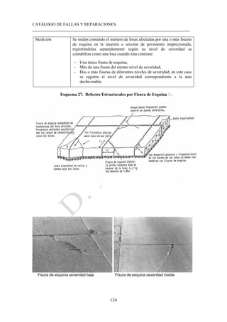 CATÁLOGO DE FALLAS Y REPARACIONES
___________________________________________________________________________
124
Medición Se miden contando el número de losas afectadas por una o más fisuras
de esquina en la muestra o sección de pavimento inspeccionada,
registrándolas separadamente según su nivel de severidad se
contabiliza como una losa cuando ésta contiene:
- Una única fisura de esquina;
- Más de una fisura del mismo nivel de severidad;
- Dos o más fisuras de diferentes niveles de severidad; en este caso
se registra el nivel de severidad correspondiente a la más
desfavorable.
Esquema 27. Defectos Estructurales por Fisura de Esquina
Fisura de esquina severidad baja Fisura de esquina severidad media
 
