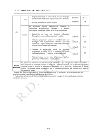 CATÁLOGO DE FALLAS Y REPARACIONES
___________________________________________________________________________
129
Alto
Local
- Reparación en todo el espesor de la losa con hormigón
(normalmente mediante la reposición de losas afectadas.
- Bacheo profundo con mescla asfáltica
Rutinario
Temporal
8-12
2-4
General
El pavimento requiere rehabilitación. Notificar al
Subdirector Mantenimiento (DGMCCV) y solicitar
autorización para aplicar alguna de las técnicas siguientes:
- Reposición de losas con hormigón (afectadas);
hormigón convencional o compactado a rodillo.
- Trabajos preparación previa + recubrimiento con
hormigón, total o parcialmente adherido o con capa
separadora, según condiciones específicas (hormigón
convencional o compactado a rodillo).
- Trabajos de preparación previa con hormigón
compactado a rodillo (HCR) + recapado con mezcla
asfáltica en caliente ** (espesor variable s/tránsito).
- Trabajos bacheo previo y alteo del pavimento con base
granular (o estabilizado) y carpeta asfáltica.
Rehabil. 8-15
Rehabil. 12
Rehabil. 8-12
Rehabil.
12
Posible
Evolución
En general son indicativas de una situación de infradiseño y por consiguiente tienden a extenderse a
toda la sección de pavimento, durante su evolución. La subdivisión de la losa en paños más pequeños
continúa durante el proceso de deterioro del pavimento, con la aparición y propagación de nuevas
fisuras. Este proceso puede ser rápido o por el contrario prolongarse por muchos años, según la
intensidad del tráfico.
* Cuando los daños se extienden en forma generalizada sobre el pavimento, las reparaciones de tipo
temporario resultan poco efectiva y a la larga de mayor costo.
** Puede aplicarse la técnica de fracturación y asentamiento de las losas previo al recapado, para minimizar
la reflexión de fisuras.
 