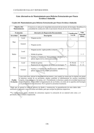 CATÁLOGO DE FALLAS Y REPARACIONES
___________________________________________________________________________
136
Guía Alternativas de Mantenimiento para Defectos Estructurales por Fisura
Errática o Inducida
Cuadro 60. Mantenimiento para Defectos Estructurales por Fisura Errática o Inducida
Objetivo Del
Mantenimiento
Conservar y/o adecuar la integridad estructural del pavimento de hormigón. Restablecer la
comodidad de conducción sobre el pavimento (fisuras de nivel de severidad alto).
Evaluación Alternativa de Reparación Recomendada Clasificación
S.A.M.
Vida
Esperada
(años)
Severidad Densidad Descripción
Bajo
Local - Ninguna acción.
General
- Ninguna acción.
Medio
Local
- Ninguna acción: vigilar posible evolución.
- Sellado de grietas. 1 - 3
General
- Notificar al Subdirector Mantenimiento (DGMCCV)* y
aplicar alguno de los criterios precedentes.
Alto
Local - Sellado de grietas. R. Period. 1 - 3
- Reparación de todo espesor de la losa con hormigón. ** Rutinario 8 - 12
General
- Notificar al Subdirector Mantenimiento (DGMCCV) y
aplicar alguno de los criterios precedentes.
Posible
Evolución
Como toda fisura, afectan la integridad del pavimento y aun cuando las causas que la originan son ajenas
al deterioro normal de un pavimento, pueden contribuir al debilitamiento de sectores localizados
(esquina, áreas contiguas a las juntas, etc.). Normalmente evoluciona a grados de severidad mayores por
desportillamiento, favoreciendo la fragmentación de sus bordes y la rotura de la superficie del hormigón
en la proximidad de las estructuras. Por lo general se presentan localmente.
*Dado que en general se trata de defectos de diseño y construcción, la generalización de estos daños debe
notificarse al personal a cargo de dichas actividades, para que corrijan las prácticas respectivas.
**La reparación de grietas alrededor de estructuras requiere la colocación de un material entre estas y el
pavimento, de lo contrario reaparecerán.
 