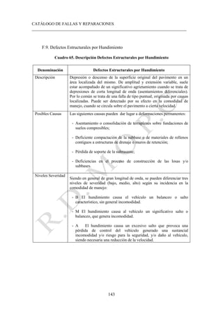 CATÁLOGO DE FALLAS Y REPARACIONES
___________________________________________________________________________
143
F.9. Defectos Estructurales por Hundimiento
Cuadro 65. Descripción Defectos Estructurales por Hundimiento
Denominación Defectos Estructurales por Hundimiento
Descripción Depresión o descenso de la superficie original del pavimento en un
área localizada del mismo. De amplitud y extensión variable, suele
estar acompañado de un significativo agrietamiento cuando se trata de
depresiones de corta longitud de onda (asentamientos diferenciales).
Por lo común se trata de una falla de tipo puntual, originada por causas
localizadas. Puede ser detectado por su efecto en la comodidad de
manejo, cuando se circula sobre el pavimento a cierta velocidad.
Posibles Causas Las siguientes causas pueden dar lugar a deformaciones permanentes:
- Asentamiento o consolidación de terraplenes sobre fundaciones de
suelos compresibles;
- Deficiente compactación de la subbase o de materiales de rellenos
contiguos a estructuras de drenaje o muros de retención;
- Pérdida de soporte de la subrasante;
- Deficiencias en el proceso de construcción de las losas y/o
subbases.
Niveles Severidad
Siendo en general de gran longitud de onda, se pueden diferenciar tres
niveles de severidad (bajo, medio, alto) según su incidencia en la
comodidad de manejo:
- B El hundimiento causa el vehículo un balanceo o salto
característico, sin general incomodidad.
- M El hundimiento causa al vehículo un significativo salto o
balanceo, que genera incomodidad.
- A El hundimiento causa un excesivo salto que provoca una
pérdida de control del vehículo generado una sustancial
incomodidad y/o riesgo para la seguridad, y/o daño al vehículo,
siendo necesaria una reducción de la velocidad.
 