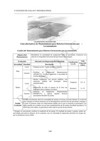 CATÁLOGO DE FALLAS Y REPARACIONES
___________________________________________________________________________
149
Levantamiento severidad alta
Guía alternativas de Mantenimiento para Defectos Estructurales por
Levantamiento
Cuadro 68. Mantenimiento para Defectos Estructurales por Levantamiento
Objetivo Del
Mantenimiento
Restablecer la comodidad de conducción sobre el pavimento. Conservar y/o
adecuar la integridad estructural del pavimento de hormigón.
Evaluación Alternativa de Reparación Recomendada Clasificación
S.A.M.
Vida
Esperada
(años)
Severidad Densidad Descripción
Bajo
Local - Ninguna acción. Vigilar posible evolución.
General
- Notificar al Subdirector Mantenimiento
(DGMCCV). Verificar condición y necesidad de
resellar las juntas*.
Medio
Local
- Bacheo temporario con mezcla asfáltica, con
remoción parcial del hormigón (áreas
sobreelevadas).
Temporal 0.5 - 4
- Reparación de todo el espesor de la losa con
hormigón (área contigua a la junta).
Rutinario 8 - 12
General
- Notificar al Subdirector Mantenimiento
(DGMCCV) y aplicar algunas técnicas
precedentes Resellar las juntas.
Posible
Evolución
La falla inicialmente afecta la comodidad de manejo en forma creciente durante su evolución
para culminar en última instancia con la desintegración total del área de pavimento contigua a
la junta. El proceso suele ser relativamente rápido, por lo que su atención es prioritaria. Los
daños pueden ser evitados con un buen mantenimiento de las juntas (resellado periódico). Es
difícil que estos daños se generalicen sobre toda la sección de pavimento.
* Siempre es conveniente verificar la condición de las juntas. El resellado de juntas y grietas, suelen ser
actividades preventivas eficaces; de lo contrario, una vez efectuada la reparación persisten los riesgos de
que se produzcan nuevas fallas.
 