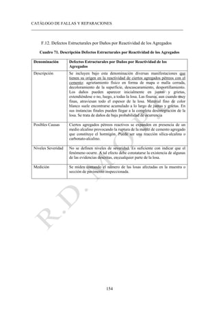CATÁLOGO DE FALLAS Y REPARACIONES
___________________________________________________________________________
154
F.12. Defectos Estructurales por Daños por Reactividad de los Agregados
Cuadro 71. Descripción Defectos Estructurales por Reactividad de los Agregados
Denominación Defectos Estructurales por Daños por Reactividad de los
Agregados
Descripción Se incluyen bajo esta denominación diversas manifestaciones que
tienen su origen en la reactividad de ciertos agregados pétreos con el
cemento: agrietamiento físico en forma de mapa o malla cerrada,
decoloramiento de la superficie, descascaramiento, desportillamiento.
Los daños pueden aparecer inicialmente en juntas y grietas,
extendiéndose o no, luego, a todas la losa. Las fisuras, aun cuando muy
finas, atraviesan todo el espesor de la losa. Material fino de color
blanco suele encontrarse acumulado a lo largo de juntas y grietas. En
sus instancias finales pueden llegar a la completa desintegración de la
losa. Se trata de daños de baja probabilidad de ocurrencia
Posibles Causas Ciertos agregados pétreos reactivos se expanden en presencia de un
medio alcalino provocando la ruptura de la matriz de cemento agregado
que constituye el hormigón. Puede ser una reacción sílica-alcalina o
carbonato-alcalino.
Niveles Severidad No se definen niveles de severidad. Es suficiente con indicar que el
fenómeno ocurre. A tal efecto debe constatarse la existencia de algunas
de las evidencias descritas, en cualquier parte de la losa.
Medición Se miden contando el número de las losas afectadas en la muestra o
sección de pavimento inspeccionada.
 