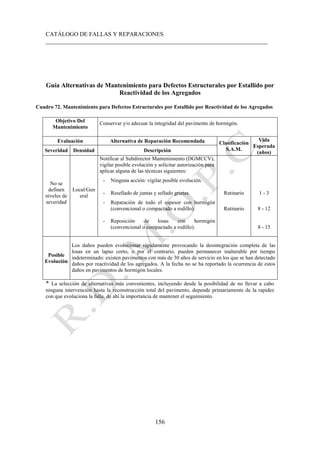 CATÁLOGO DE FALLAS Y REPARACIONES
___________________________________________________________________________
156
Guía Alternativas de Mantenimiento para Defectos Estructurales por Estallido por
Reactividad de los Agregados
Cuadro 72. Mantenimiento para Defectos Estructurales por Estallido por Reactividad de los Agregados
Objetivo Del
Mantenimiento
Conservar y/o adecuar la integridad del pavimento de hormigón.
Evaluación Alternativa de Reparación Recomendada Clasificación
S.A.M.
Vida
Esperada
(años)
Severidad Densidad Descripción
No se
definen
niveles de
severidad
Local/Gen
eral
Notificar al Subdirector Mantenimiento (DGMCCV),
vigilar posible evolución y solicitar autorización para
aplicar alguna de las técnicas siguientes:
- Ninguna acción: vigilar posible evolución.
- Resellado de juntas y sellado grietas. Rutinario 1 - 3
- Reparación de todo el espesor con hormigón
(convencional o compactado a rodillo). Rutinario 8 - 12
- Reposición de losas con hormigón
(convencional o compactado a rodillo). 8 - 15
Posible
Evolución
Los daños pueden evolucionar rápidamente provocando la desintegración completa de las
losas en un lapso corto, o por el contrario, pueden permanecer inalterable por tiempo
indeterminado: existen pavimentos con más de 30 años de servicio en los que se han detectado
daños por reactividad de los agregados. A la fecha no se ha reportado la ocurrencia de estos
daños en pavimentos de hormigón locales.
* La selección de alternativas más convenientes, incluyendo desde la posibilidad de no llevar a cabo
ninguna intervención hasta la reconstrucción total del pavimento, depende primariamente de la rapidez
con que evoluciona la falla, de ahí la importancia de mantener el seguimiento.
 