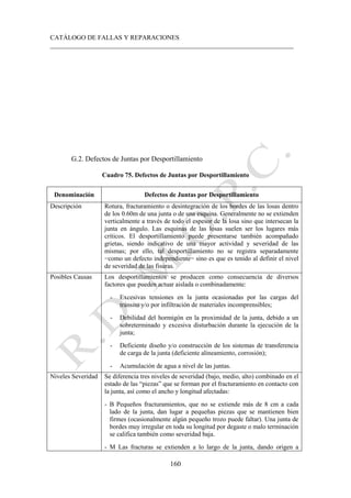 CATÁLOGO DE FALLAS Y REPARACIONES
___________________________________________________________________________
160
G.2. Defectos de Juntas por Desportillamiento
Cuadro 75. Defectos de Juntas por Desportillamiento
Denominación Defectos de Juntas por Desportillamiento
Descripción Rotura, fracturamiento o desintegración de los bordes de las losas dentro
de los 0.60m de una junta o de una esquina. Generalmente no se extienden
verticalmente a través de todo el espesor de la losa sino que intersecan la
junta en ángulo. Las esquinas de las losas suelen ser los lugares más
críticos. El desportillamiento puede presentarse también acompañado
grietas, siendo indicativo de una mayor actividad y severidad de las
mismas; por ello, tal desportillamiento no se registra separadamente
−como un defecto independiente− sino es que es tenido al definir el nivel
de severidad de las fisuras.
Posibles Causas Los desportillamientos se producen como consecuencia de diversos
factores que pueden actuar aislada o combinadamente:
- Excesivas tensiones en la junta ocasionadas por las cargas del
tránsito y/o por infiltración de materiales incomprensibles;
- Debilidad del hormigón en la proximidad de la junta, debido a un
sobreterminado y excesiva disturbación durante la ejecución de la
junta;
- Deficiente diseño y/o construcción de los sistemas de transferencia
de carga de la junta (deficiente alineamiento, corrosión);
- Acumulación de agua a nivel de las juntas.
Niveles Severidad Se diferencia tres niveles de severidad (bajo, medio, alto) combinado en el
estado de las “piezas” que se forman por el fracturamiento en contacto con
la junta, así como el ancho y longitud afectadas:
- B Pequeños fracturamientos, que no se extiende más de 8 cm a cada
lado de la junta, dan lugar a pequeñas piezas que se mantienen bien
firmes (ocasionalmente algún pequeño trozo puede faltar). Una junta de
bordes muy irregular en toda su longitud por degaste o malo terminación
se califica también como severidad baja.
- M Las fracturas se extienden a lo largo de la junta, dando origen a
 