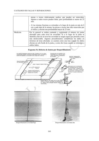CATÁLOGO DE FALLAS Y REPARACIONES
___________________________________________________________________________
161
piezas o trozos relativamente sueltos, que pueden ser removidos;
algunos a todos trozos pueden faltar, pero profundidad es menor de 25
mm.
- A Las mismas fracturas se extienden a lo largo de la junta en más de 8
cm a cada lado de la misma; las piezas o trozos han sido removidos por
el tráfico y afectan una profundidad mayor de 25 mm.
Medición Por lo general se miden contando y registrando el número de juntas
afectadas para cada nivel de severidad. Si a lo largo de la junta se
identifica más de un nivel de severidad se asigna aquel que presenta como
más desfavorable. Algunos procedimientos contabilizan los daños en
términos de losas afectadas: se cuentan como una losa cuando los daños
afectan un solo borde de la junta, y como dos losas cuando se extienden a
ambos lados.
Esquema 36. Defectos de Juntas por Desportillamiento
Desportillamiento severidad baja Desportillamiento severidad alta
 