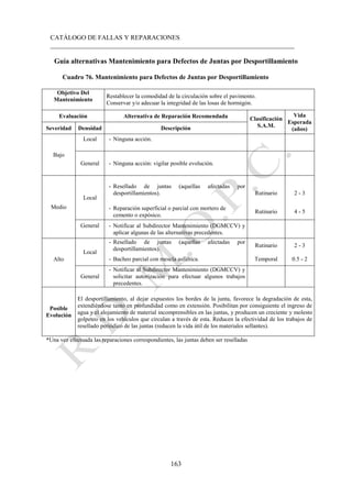 CATÁLOGO DE FALLAS Y REPARACIONES
___________________________________________________________________________
163
Guía alternativas Mantenimiento para Defectos de Juntas por Desportillamiento
Cuadro 76. Mantenimiento para Defectos de Juntas por Desportillamiento
Objetivo Del
Mantenimiento
Restablecer la comodidad de la circulación sobre el pavimento.
Conservar y/o adecuar la integridad de las losas de hormigón.
Evaluación Alternativa de Reparación Recomendada Clasificación
S.A.M.
Vida
Esperada
(años)
Severidad Densidad Descripción
Bajo
Local - Ninguna acción.
General - Ninguna acción: vigilar posible evolución.
Medio
Local
- Resellado de juntas (aquellas afectadas por
desportillamientos). Rutinario 2 - 3
- Reparación superficial o parcial con mortero de
cemento o expósico.
Rutinario 4 - 5
General - Notificar al Subdirector Mantenimiento (DGMCCV) y
aplicar algunas de las alternativas precedentes.
Alto
Local
- Resellado de juntas (aquellas afectadas por
desportillamientos).
Rutinario 2 - 3
- Bacheo parcial con mescla asfáltica. Temporal 0.5 - 2
General
- Notificar al Subdirector Mantenimiento (DGMCCV) y
solicitar autorización para efectuar algunos trabajos
precedentes.
Posible
Evolución
El desportillamiento, al dejar expuestos los bordes de la junta, favorece la degradación de esta,
extendiéndose tanto en profundidad como en extensión. Posibilitan por consiguiente el ingreso de
agua y el alojamiento de material incomprensibles en las juntas, y producen un creciente y molesto
golpeteo en los vehículos que circulan a través de esta. Reducen la efectividad de los trabajos de
resellado periódico de las juntas (reducen la vida útil de los materiales sellantes).
*Una vez efectuada las reparaciones correspondientes, las juntas deben ser reselladas
 