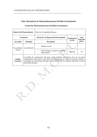 CATÁLOGO DE FALLAS Y REPARACIONES
___________________________________________________________________________
181
Guía Alternativas de Mantenimiento para Pérdida Coronamiento
Cuadro 86. Mantenimiento para Pérdida Coronamiento
Objetivo Del Mantenimiento Preservar la integridad del paseo.
Evaluación Alternativa de Reparación Recomendada
Clasificación
S.A.M.
Vida
Esperada
(años)
Severidad Densidad Descripción
No se definen
Niveles
Local/General
- Ninguna acción.
- Alteo del paseo con grava o material
seleccionado Mejoram 3-5
Posible
Evolución
La pérdida de coronamiento del paseo puede significar en algunos casos de un menor
confinamiento lateral para el pavimento en otros, puede ser origen de erosiones debido a
velocidades de escurrimiento del agua excesivamente altas y/o caudales importantes en áreas
localizadas (bajadas).
 
