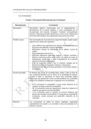 CATÁLOGO DE FALLAS Y REPARACIONES
___________________________________________________________________________
28
A.4. Corrimiento
Cuadro 7. Descripción Deformaciones por Corrimiento
Denominación Corrimiento
Descripción Movimiento plástico caracterizado por el desplazamiento o
deslizamiento de la mezcla asfáltica, a veces acompañado por el
levantamiento del material, formando “cordones” principalmente
laterales. Típicamente pueden identificarse a través de la señalización
horizontal observándose una serpenteante demarcación de carriles.
Posibles Causas Son ocasionadas por la acción de las cargas del tránsito, cuando se dan
algunas de las situaciones siguientes:
- Capa asfáltica muy superficial muy deforme (baja estabilidad) con
frecuencia mal adherida a la base subyacente;
- Deficiencias durante la elaboración de la mezcla: exceso de
asfalto;
- Altas temperaturas de servicio;
- Deficiente adherencia entre capa superior e inferior, asociada a
defectos constructivos tales como exceso de asfalto en riesgo de
imprimación, curado liga, o bien la degradación de la porción
superior de las bases cementadas;
- Falta de contención lateral o por el contrario, empujes por la
dilatación en losas de hormigón contiguas o subyacentes;
- Desplazamiento lateral de bases granulares (movimiento lateral y
ascendente);
Niveles Severidad Se definen tres niveles de severidad (bajo, medio y alto) en base de
una evaluación cualitativa de su efecto en la comodidad de manejo.
Cuando el daño se manifiesta en forma muy localizada deberá
recurrirse a una apreciación visual, correlacionándola con su probable
efecto en la calidad de conducción; la siguiente sirve de referencia:
- B El corrimiento es perceptible y causa cierta vibración en el
vehículo sin llegar a general incomodidad.
- M El corrimiento causa una significativa vibración o balanceo al
vehículo, que genera cierta incomodidad
- A El corrimiento causa al vehículo un excesivo balanceo que
genera una sustancial incomodidad y/o riesgo para la seguridad de
circulación, siendo necesaria una apreciable reducción de la
velocidad.
Medición Los corrimientos se miden en metros cuadrados, registrando
separadamente de acuerdo a su severidad, el área total afectada en la
muestra o sección.
 
