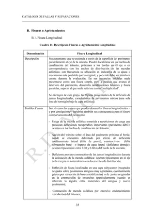 CATÁLOGO DE FALLAS Y REPARACIONES
___________________________________________________________________________
35
B. Fisuras o Agrietamientos
B.1. Fisura Longitudinal
Cuadro 11. Descripción Fisuras o Agrietamiento Longitudinal
Denominación Fisura Longitudinal
Descripción Fracturamiento que se extiende a través de la superficie del pavimento
paralelamente al eje de la calzada. Pueden localizarse en las huellas de
canalización del tránsito, próximos a los bordes en el eje o en
correspondencia con los anchos de distribución de las mezclas
asfálticas; con frecuencia su ubicación es indicativa de la causa o
mecanismo más probable que la original, y por ende debe ser tenida en
cuenta durante la evaluación. En sus instancias iniciales suele
presentarse como una fisura simple, pero a medida que avanza el
deterioro del pavimento, desarrolla ramificaciones laterales y fisura
paralelas, aspecto al que suele referirse como “multiplicidad”.
Se excluyen de este grupo, las figuras provenientes de la reflexión de
juntas longitudinales, característica de pavimentos mixtos (una sola
losa de hormigón bajo la capa asfáltica).
Posibles Causas Son diversas las causas que pueden desarrollar fisuras longitudinales −
y por consiguiente− variables también sus consecuencia para el futuro
comportamiento del pavimento:
- Fatiga de la mezcla asfáltica sometida a repeticiones de carga que
provocan deflexiones recuperables importantes (pavimento débil):
ocurren en las huellas de canalización del tránsito;
- Acción del tránsito sobre el área del pavimento próxima al borde,
donde se encuentra debilitado por efecto de deficiente
confinamiento lateral (falta de paseo), constructivos (falta
sobreancho base) o ingreso de agua lateral (deficiente drenaje):
ocurren típicamente entre 0.30 y 0.60 m del borde de la calzada;
- Deficiente proceso constructivo de las juntas longitudinales durante
la colocación de la mezcla asfáltica: ocurren típicamente en el eje
de la vía y/o en coincidencia con los carriles de distribución;
- Reflexión de fisura localizadas en una capa subyacente (recapados
delgados sobre pavimentos antiguos muy agrietados, eventualmente
grietas por retracción de bases estabilizadas) o de juntas originadas
en la construcción de ensanches (particularmente cuando es
diferente la rigidez entre materiales del antiguo y nuevo
pavimento);
- Contracción de mezcla asfáltica por excesivo endurecimiento
(oxidación) del bitumen;
 