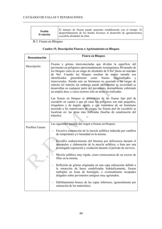 CATÁLOGO DE FALLAS Y REPARACIONES
___________________________________________________________________________
44
Posible
Evolución
El número de fisuras puede aumentar notablemente con el tiempo. El
desportillamiento de los bordes favorece el desarrollo de agrietamientos
cocodrilo alrededor de ellas.
B.3. Fisura en Bloques
Cuadro 15. Descripción Fisuras o Agrietamiento en Bloques
Denominación
Fisura en Bloques
Descripción
Fisuras y grietas interconectadas que dividen la superficie del
pavimento en polígonos aproximadamente rectangulares. El tamaño de
los bloques varía en un rango de alrededor de 0.9m2
hasta un máximo
de 9m2
. Cuando los bloques resultan de mayor tamaño son
identificados generalmente como fisuras longitudinales y
transversales. Siendo este un fenómeno no asociado a las cargas de
tránsito (el tránsito sin embargo puede incrementar su severidad) se
desarrollan en cualquier parte del pavimento, normalmente cubriendo
un amplia área; a veces ocurren sólo un áreas no traficadas.
Las fisuras en bloques se diferencian de las fisuras tipo piel de
cocodrilo en cuanto a que en estas los polígonos son más pequeños,
irregulares y de ángulo agudo, y que tratándose de un fenómeno
asociado a las repeticiones de cargas, las fisuras piel de cocodrilo se
localizan en: las áreas más traficadas (huellas de canalización del
tránsito).
Posibles Causas
Las siguientes pueden dar origen a fisuras en bloques:
- Excesiva contracción de la mezcla asfáltica inducida por cambios
de temperatura y/o humedad en la misma;
- Excesivo endurecimiento del bitumen por deficiencia durante el
manipuleo y elaboración de la mezcla asfáltica, o bien por una
prolongada exposición y oxidación durante el periodo de servicio;
- Mezcla asfáltica muy rígida, como consecuencia de un exceso de
filler en la misma;
- Reflexión de grietas originadas en una capa subyacente debido a
la retracción de bases estabilizadas hidráulicamente, fisuras
múltiples en losas de hormigón, o eventualmente recapados
delgados sobre pavimentos antiguos muy agrietados;
- Debilitamiento brusco de las capas inferiores, (generalmente por
saturación de los materiales).
 