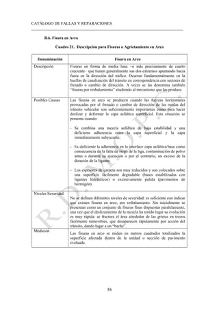 CATÁLOGO DE FALLAS Y REPARACIONES
___________________________________________________________________________
58
B.6. Fisura en Arco
Cuadro 21. Descripción para Fisuras o Agrietamiento en Arco
Denominación Fisura en Arco
Descripción Fisuras en forma de media luna −o más precisamente de cuarto
creciente− que tienen generalmente sus dos extremos apuntando hacia
fuera en la dirección del tráfico. Ocurren fundamentalmente en la
huellas de canalización del tránsito en correspondencia con sectores de
frenado o cambio de dirección. A veces se las denomina también
“fisuras por resbalamiento” aludiendo al mecanismo que las produce.
Posibles Causas Las fisuras en arco se producen cuando las fuerzas horizontales
provocadas por el frenado o cambio de dirección de las ruedas del
tránsito vehicular son suficientemente importantes como para hacer
deslizar y deformar la capa asfáltica superficial. Esta situación se
presenta cuando:
- Se combina una mezcla asfáltica de baja estabilidad y una
deficiente adherencia entre la capa superficial y la capa
inmediatamente subyacente;
- Es deficiente la adherencia en la interface capa asfáltica/base como
consecuencia de la falta de riego de la liga, contaminación de polvo
antes o durante su ejecución o por el contrario, un exceso de la
dotación de la ligante;
- Los espesores de carpeta son muy reducidos y son colocados sobre
una superficie fácilmente degradable (bases estabilizadas con
ligantes hidráulicos) o excesivamente pulida (pavimentos de
hormigón).
Niveles Severidad
No se definen diferentes niveles de severidad: es suficiente con indicar
que existen fisuras en arco, por resbalamiento. Sin inicialmente se
presentan como un conjunto de fisuras finas dispuestas paralelamente,
una vez que el deslizamiento de la mezcla ha tenido lugar su evolución
es muy rápida: se fractura el área alrededor de las grietas en trozos
fácilmente removibles, que desaparecen rápidamente por acción del
tránsito, dando lugar a un “bache”.
Medición
Las fisuras en arco se miden en metros cuadrados totalizados la
superficie afectada dentro de la unidad o sección de pavimento
evaluada.
 