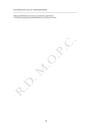 CATÁLOGO DE FALLAS Y REPARACIONES
___________________________________________________________________________
78
* Mayor probabilidad de ocurrencia en tratamientos superficiales
** El bache ha progresado considerablemente en el interior de la base
 