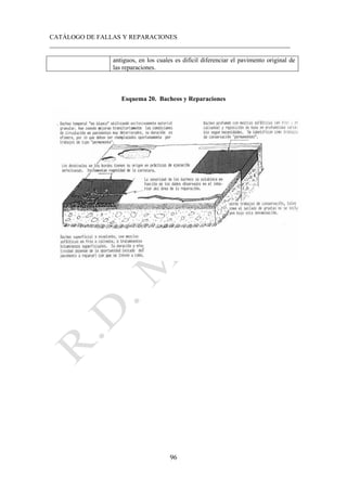 CATÁLOGO DE FALLAS Y REPARACIONES
___________________________________________________________________________
96
antiguos, en los cuales es difícil diferenciar el pavimento original de
las reparaciones.
Esquema 20. Bacheos y Reparaciones
 