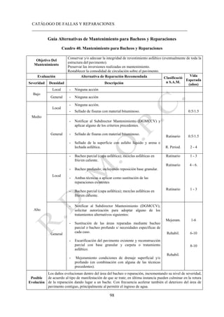 CATÁLOGO DE FALLAS Y REPARACIONES
___________________________________________________________________________
98
Guía Alternativas de Mantenimiento para Bacheos y Reparaciones
Cuadro 40. Mantenimiento para Bacheos y Reparaciones
Objetivo Del
Mantenimiento
Conservar y/o adecuar la integridad de revestimiento asfáltico (eventualmente de toda la
estructura del pavimento).
Preservar las inversiones realizadas en mantenimiento.
Restablecer la comodidad de circulación sobre el pavimento.
Evaluación Alternativa de Reparación Recomendada Clasificació
n S.A.M.
Vida
Esperada
(años)
Severidad Densidad Descripción
Bajo
Local - Ninguna acción
General - Ninguna acción
Medio
Local
- Ninguna acción.
- Sellado de fisuras con material bituminoso. 0.5/1.5
General
- Notificar al Subdirector Mantenimiento (DGMCCV) y
aplicar alguno de los criterios precedentes.
- Sellado de fisuras con material bituminoso.
Rutinario 0.5/1.5
- Sellado de la superficie con asfalto líquido y arena o
lechada asfáltica. R. Period. 2 - 4
Alto
Local
- Bacheo parcial (capa asfáltica); mezclas asfálticas en
frío/en caliente.
- Bacheo profundo; incluyendo reposición base granular.
- Ambas técnicas a aplicar como sustitución de las
reparaciones existentes
- Bacheo parcial (capa asfáltica); mezclas asfálticas en
frío/en caliente.
Rutinario 1 - 3
Rutinario 4 - 6.
Rutinario 1 - 3
General
- Notificar al Subdirector Mantenimiento (DGMCCV);
solicitar autorización para adoptar alguno de los
tratamientos alternativos siguientes:
- Sustitución de las áreas reparadas mediante bacheo
parcial o bacheo profundo s/ necesidades específicas de
cada caso.
- Escarificación del pavimento existente y reconstrucción
parcial con base granular y carpeta o tratamiento
asfáltico.
- Mejoramiento condiciones de drenaje superficial y/o
profundo (en combinación con alguna de las técnicas
precedentes).
Mejoram. 1-6
Rehabil. 6-10
Rehabil.
8-10
Posible
Evolución
Los daños evolucionan dentro del área del bacheo o reparación, incrementando su nivel de severidad,
de acuerdo al tipo de manifestación de que se trate; en última instancia pueden culminar en la rotura
de la reparación dando lugar a un bache. Con frecuencia acelerar también el deterioro del área de
pavimento contiguo, principalmente al permitir el ingreso de agua.
 