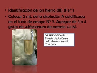 • Identificación de ion hierro (III) (Fe3 )
• Colocar 2 mL de la disolución A acidificada
  en el tubo de ensayo N° 3. Agregar de 3 a 4
  gotas de sulfocianuro de potasio 0.1 M.
                      OBSERVACIONES:
                      En esta disolución se
                      pudo observar un color
                      Rojo claro.
 