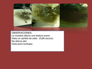 OBSERVACIONES:
La muestra obtuvo una textura suave.
Hubo un cambio de color. (Café oscuro).
No obtuvo olor.
Hubo poco burbujeo.
 