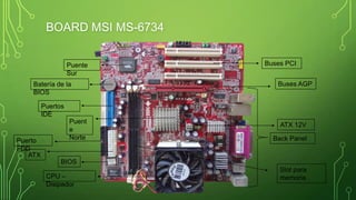 BOARD MSI MS-6734
Buses PCI
Buses AGP
Back Panel
CPU –
Disipador
Puertos
IDE
Batería de la
BIOS
BIOS
Puent
e
Norte
Puente
Sur
ATX
ATX 12V
Slot para
memoria
Puerto
FDD
 
