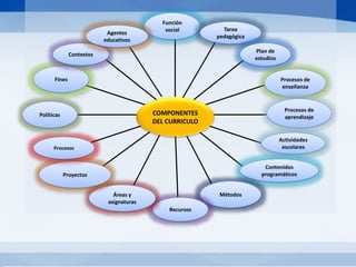 Función
social Tarea
pedagógica
Plan de
estudios
Procesos de
enseñanza
Procesos de
aprendizaje
Actividades
escolares
Contenidos
programáticos
Métodos
Recursos
Áreas y
asignaturas
Proyectos
Procesos
Políticas
Fines
Contextos
Agentes
educativos
COMPONENTES
DEL CURRICULO
 