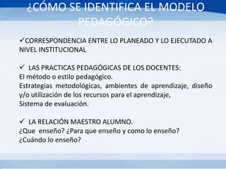 ¿CÓMO SE IDENTIFICA EL MODELO
PEDAGÓGICO?
CORRESPONDENCIA ENTRE LO PLANEADO Y LO EJECUTADO A
NIVEL INSTITUCIONAL
 LAS PRACTICAS PEDAGÓGICAS DE LOS DOCENTES:
El método o estilo pedagógico.
Estrategias metodológicas, ambientes de aprendizaje, diseño
y/o utilización de los recursos para el aprendizaje,
Sistema de evaluación.
 LA RELACIÓN MAESTRO ALUMNO.
¿Que enseño? ¿Para que enseño y como lo enseño?
¿Cuándo lo enseño?
 