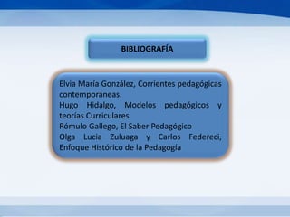 BIBLIOGRAFÍA
Elvia María González, Corrientes pedagógicas
contemporáneas.
Hugo Hidalgo, Modelos pedagógicos y
teorías Curriculares
Rómulo Gallego, El Saber Pedagógico
Olga Lucia Zuluaga y Carlos Federeci,
Enfoque Histórico de la Pedagogía
 