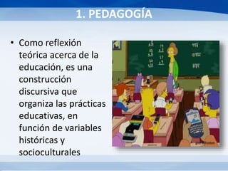 1. PEDAGOGÍA
• Como reflexión
teórica acerca de la
educación, es una
construcción
discursiva que
organiza las prácticas
educativas, en
función de variables
históricas y
socioculturales
 