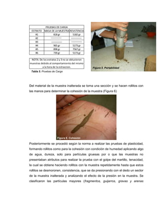 PRUEBAS DE CARGA
 ESTRATO MASA DE LA MUESTRA RESISTENCIA
    #1         818 gr         5182 gr
    #2
    #3
    #4         965 gr         5173 gr
    #5         898 gr         7567 gr
    #6         739 gr         5173 gr

 NOTA: De los estratos 2 y 3 no se obtuvieron
muestras debido al comportamiento del mismo
          a la hora de la estraccion.           Figura 5. Portabilidad
 Tabla 5. Pruebas de Carga




Del material de la muestra inalterada se toma una sección y se hacen rollitos con
las manos para determinar la cohesión de la muestra (Figura 6)




                      Figura 6. Cohesión

Posteriormente se procedió según la norma a realizar las pruebas de plasticidad,
formando rollitos como para la cohesión con condición de humedad aplicando algo
de agua, dureza, solo para partículas gruesas por o que las muestras no
presentaban atributos para realizar la prueba con el golpe del martillo, tenacidad,
la cual se obtiene haciendo rollitos con la muestra repetidamente hasta que estos
rollitos se desmoronen, consistencia, que se da presionando con el dedo un sector
de la muestra inalterada y analizando el efecto de la presión en la muestra. Se
clasificaron las partículas mayores (fragmentos, guijarros, gravas y arenas
 