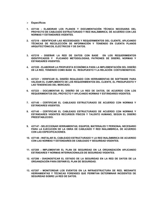  Específicos
1. 437144 - ELABORAR LOS PLANOS Y DOCUMENTACIÓN TÉCNICA NECESARIA DEL
PROYECTO DE CABLEADO ESTRUCTURADO Y RED INALÁMBRICA, DE ACUERDO CON LAS
NORMAS Y ESTÁNDARES VIGENTES.
2. 437218 - IDENTIFICAR LAS NECESIDADES Y REQUERIMIENTOS DEL CLIENTE, APLICANDO
TÉCNICAS DE RECOLECCIÓN DE INFORMACIÓN Y TENIENDO EN CUENTA PLANOS
ARQUITECTÓNICOS, ELÉCTRICOS Y DE DATOS.
3. 437219 - DISEÑAR LA RED DE DATOS CON BASE EN LOS REQUERIMIENTOS
IDENTIFICADOS Y PLICANDO METODOLOGÍAS, PATRONES DE DISEÑO, NORMAS Y
ESTÁNDARES VIGENTES.
4. 437220 - ELABORAR LA PROPUESTA ECONÓMICA PARA LA IMPLEMENTACIÓN DEL DISEÑO
DE LA RED, TENIENDO COMO BASE EL RESUPUESTO Y LA RELACIÓN COSTO/BENEFICIO.
5. 437221 - VERIFICAR EL DISEÑO REALIZADO CON HERRAMIENTAS DE SOFTWARE PARA
VALIDAR EL CUMPLIMIENTO DE LOS REQUERIMIENTOS DEL CLIENTE, EL PRESUPUESTO Y
LAS TENDENCIAS DEL MERCADO.
6. 437223 - DOCUMENTAR EL DISEÑO DE LA RED DE DATOS, DE ACUERDO CON LOS
REQUERIMIENTOS DEL PROYECTO Y APLICANDO NORMAS Y ESTÁNDARES VIGENTES.
7. 437145 - CERTIFICAR EL CABLEADO ESTRUCTURADO DE ACUERDO CON NORMAS Y
ESTÁNDARES VIGENTES.
8. 437145 - CERTIFICAR EL CABLEADO ESTRUCTURADO DE ACUERDO CON NORMAS Y
ESTÁNDARES VIGENTES RECURSOS FÍSICOS Y TALENTO HUMANO, SEGÚN EL DISEÑO
PREESTABLECIDO.
9. 437147 - SELECCIONAR HERRAMIENTAS, EQUIPOS, MATERIALES Y PERSONAL NECESARIO
PARA LA EJECUCIÓN DE LA OBRA DE CABLEADO Y RED INALÁMBRICA, DE ACUERDO
CON LAS ESPECIFICACIONES.
10. 437148 - INSTALAR EL CABLEADO ESTRUCTURADO Y LA RED INALÁMBRICA DE ACUERDO
CON LAS NORMAS Y ESTÁNDARES DE CABLEADO Y SEGURIDAD VIGENTES.
11. 437205 - IMPLEMENTAR EL PLAN DE SEGURIDAD EN LA ORGANIZACIÓN APLICANDO
ESTÁNDARES Y NORMAS INTERNACIONALES DE SEGURIDAD VIGENTES.
12. 437206 - DIAGNOSTICAR EL ESTADO DE LA SEGURIDAD EN LA RED DE DATOS DE LA
ORGANIZACIÓN PARA DEFINIR EL PLAN DE SEGURIDAD.
13. 437207 - MONITOREAR LOS EVENTOS EN LA INFRAESTRUCTURA DE RED, MEDIANTE
HERRAMIENTAS Y TÉCNICAS FORENSES QUE PERMITAN DETERMINAR INCIDENTES DE
SEGURIDAD SOBRE LA RED DE DATOS.
 