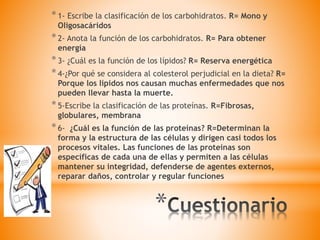 *
*1- Escribe la clasificación de los carbohidratos. R= Mono y
Oligosacáridos
*2- Anota la función de los carbohidratos. R= Para obtener
energía
*3- ¿Cuál es la función de los lípidos? R= Reserva energética
*4-¿Por qué se considera al colesterol perjudicial en la dieta? R=
Porque los lípidos nos causan muchas enfermedades que nos
pueden llevar hasta la muerte.
*5-Escribe la clasificación de las proteínas. R=Fibrosas,
globulares, membrana
*6- ¿Cuál es la función de las proteínas? R=Determinan la
forma y la estructura de las células y dirigen casi todos los
procesos vitales. Las funciones de las proteínas son
específicas de cada una de ellas y permiten a las células
mantener su integridad, defenderse de agentes externos,
reparar daños, controlar y regular funciones
 