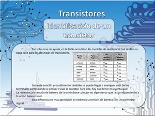 Por si te sirve de ayuda, en la Tabla se indican las medidas de resistencia que se dan en
cada caso para los dos tipos de transistores.
Con este sencillo procedimiento también se puede llegar a averiguar cuál de los
terminales corresponde al emisor y cuál al colector. Para ello, hay que tener en cuenta que:
La resistencia y tensión de barrera de la unión base colector es algo menor que la correspondiente a
la unión base-emisor.
Esta diferencia es más apreciable si medimos la tensión de barrera con un polímetro
digital.
 