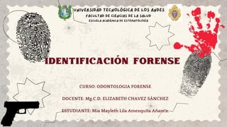 IDENTIFICACIÓN FORENSE
UNIVERSIDAD TECNOLÓGICA DE LOS ANDES
FACULTAD DE CIENCIAS DE LA SALUD
ESCUELA ACADÉMICA DE ESTOMATOLOGÍA
CURSO: ODONTOLOGIA FORENSE
DOCENTE: Mg.C.D. ELIZABETH CHAVEZ SÁNCHEZ
ESTUDIANTE: Mia Mayleth Lila Amezquita Añanca.
 