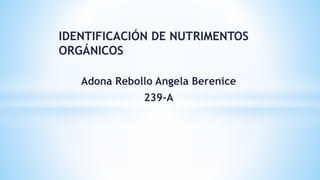 IDENTIFICACIÓN DE NUTRIMENTOS
ORGÁNICOS
Adona Rebollo Angela Berenice
239-A
 