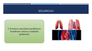 SEGURIDAD
3. Eventos vasculares periféricos:
trombosis venosa o embolia
pulmonar
 