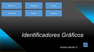 Identificadores Gráficos
Andrés Murillo C.
Definición
Clasifiación
Imagotipo
Isologo
Isotipo
Logotipo
 