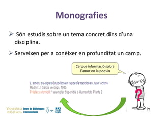 Monografies
 Són estudis sobre un tema concret dins d’una
disciplina.
 Serveixen per a conèixer en profunditat un camp.
Cerque informació sobre
l’amor en la poesia

 